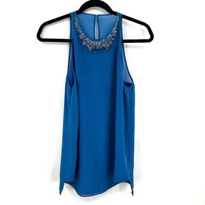 3.1 PHILLIP LIM Blue Silk Beaded Flowy Sleeveless Designer Blouse Top Size 6
